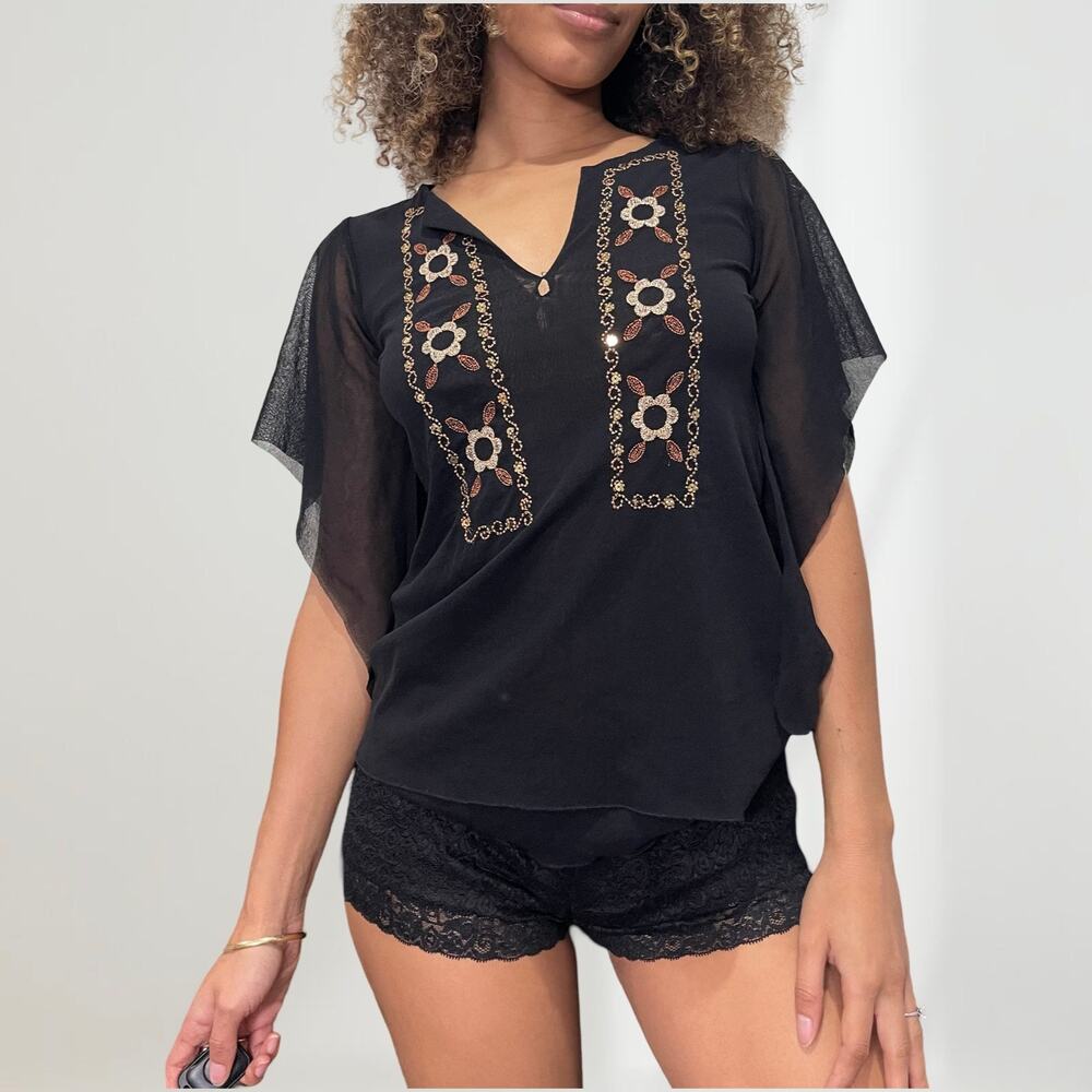 Made in Italy Vintage 00s boho black floral embroidered blouse with bell sleeves